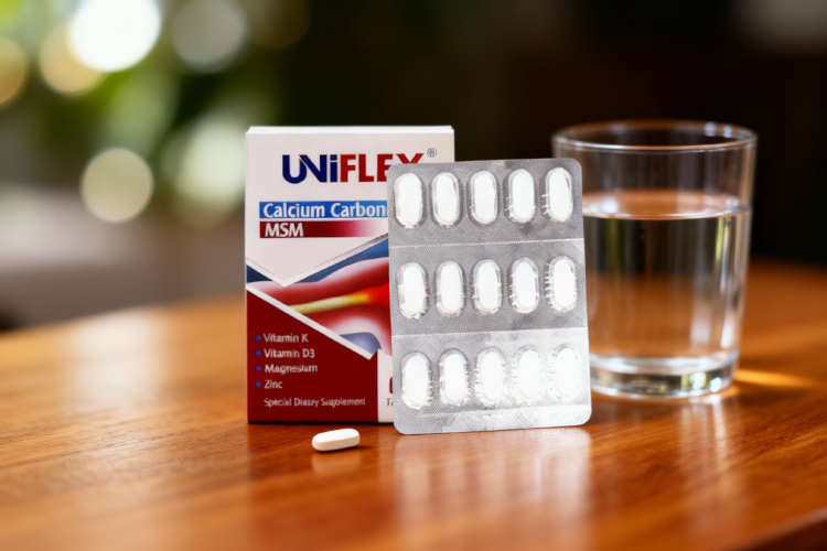 تصویر قرص یونی فلکس کنار لیوان آب برای مصرف روزانه